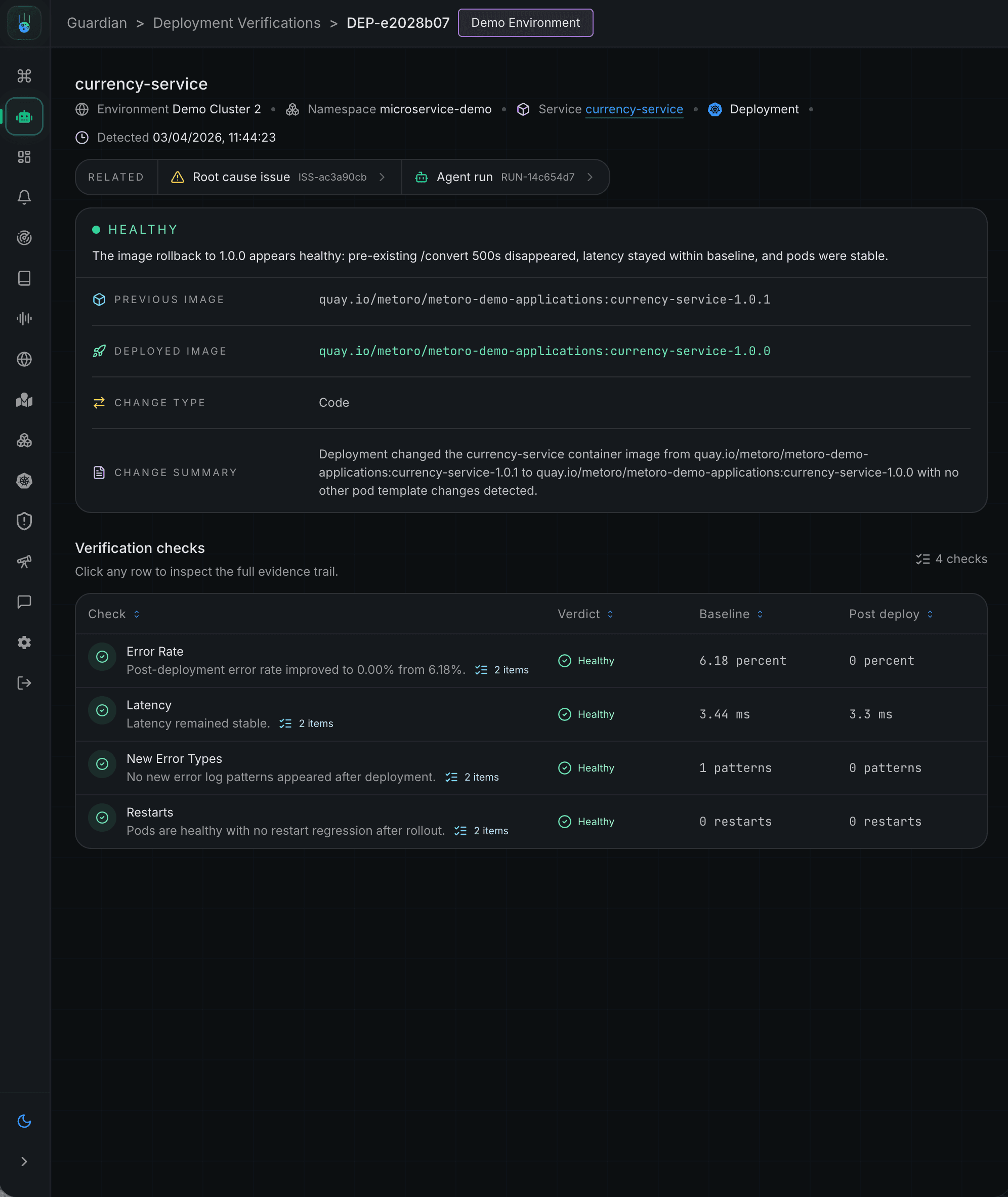 Metoro Deployment Verification comparing a new rollout against production baseline