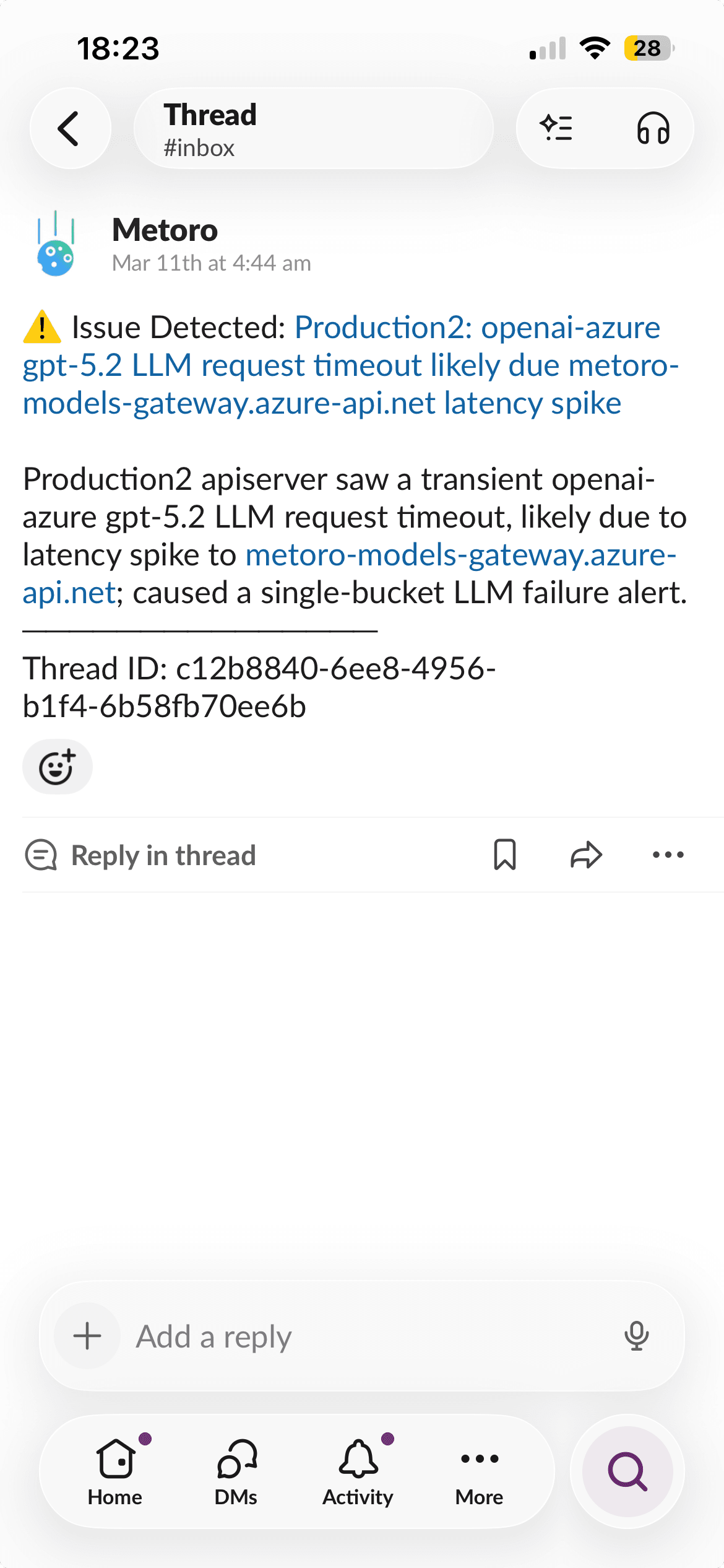 Slack notification from Metoro showing production issue root cause