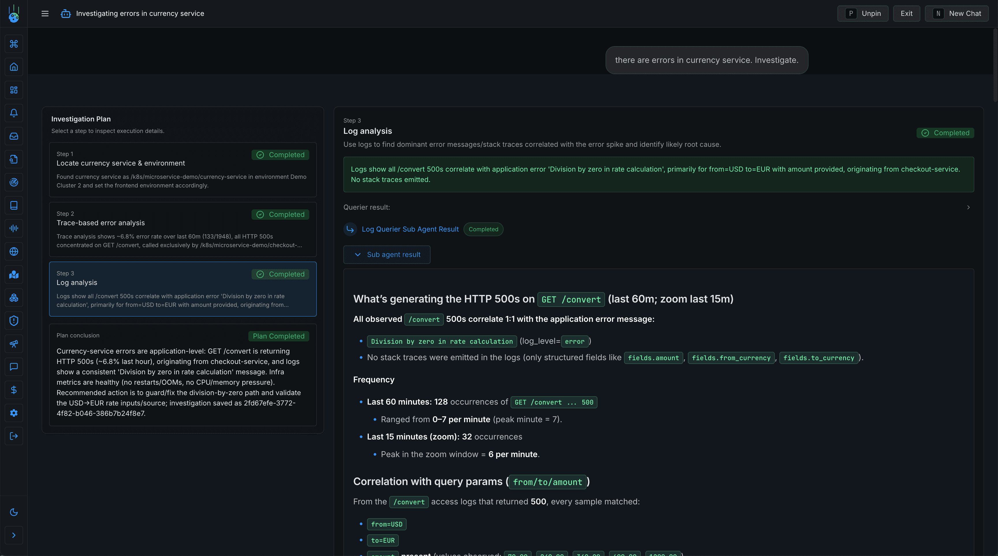 Metoro AI root cause analysis investigating errors in a service
