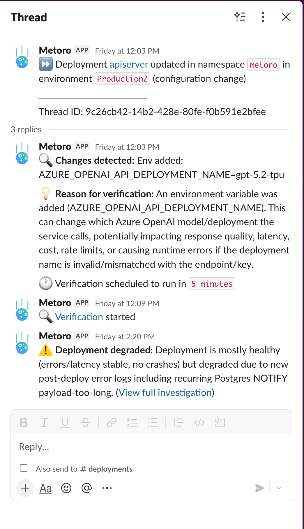 Slack notification from Metoro showing AI deployment verification catching a regression during rollout