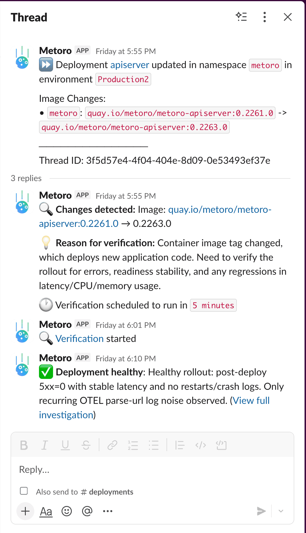 Slack notification from Metoro showing AI deployment verification validating a healthy deployment