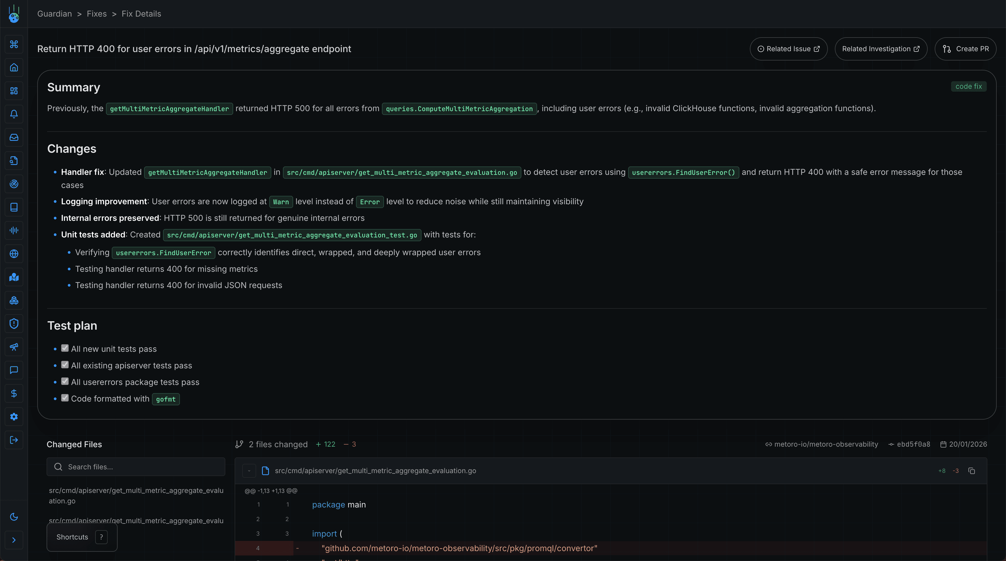 Metoro AI code fix generation proposing a fix for a service returning 500s where it should have been returning 400s
