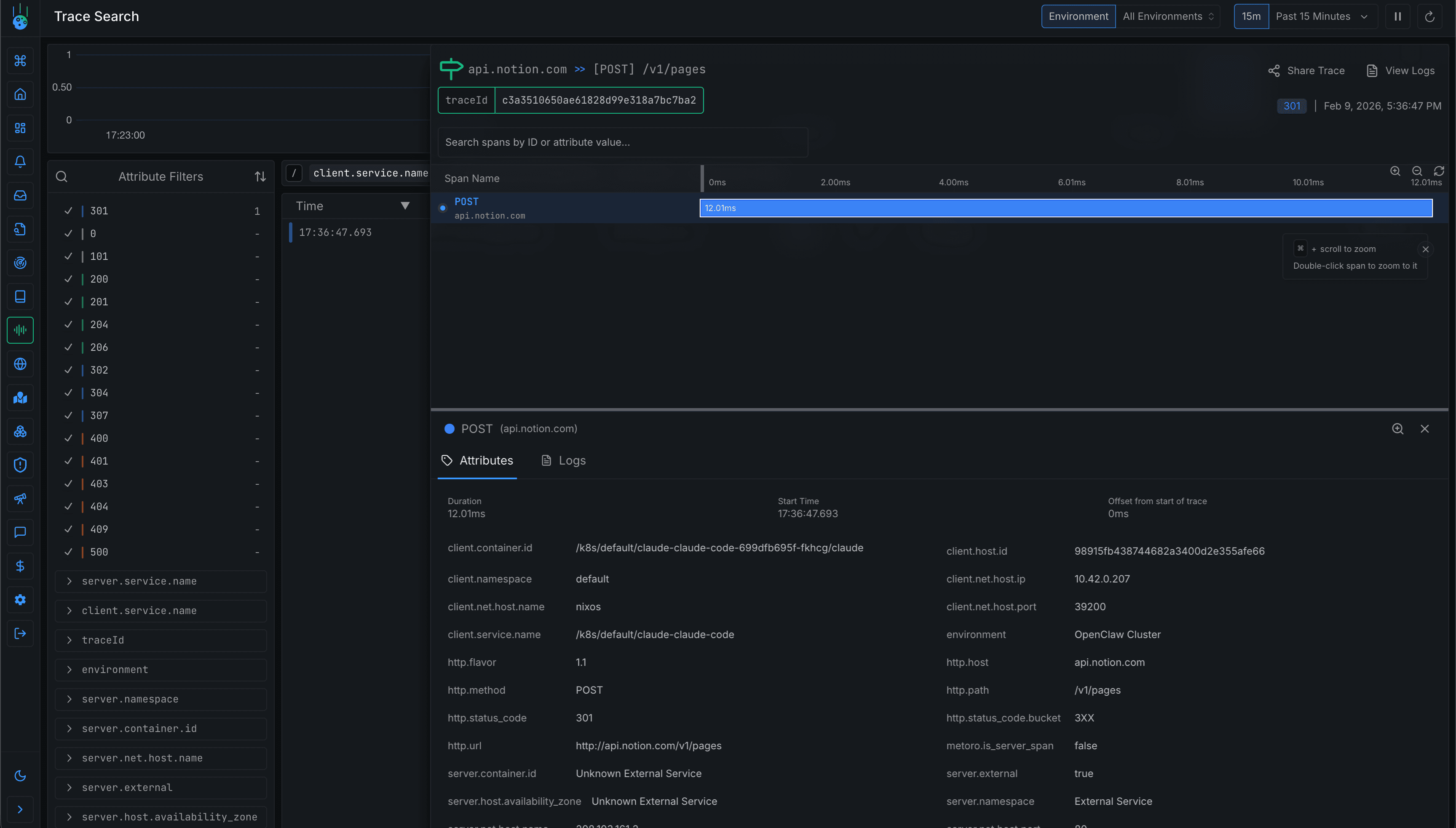 Metoro Trace Search showing span attributes for a Claude Code request