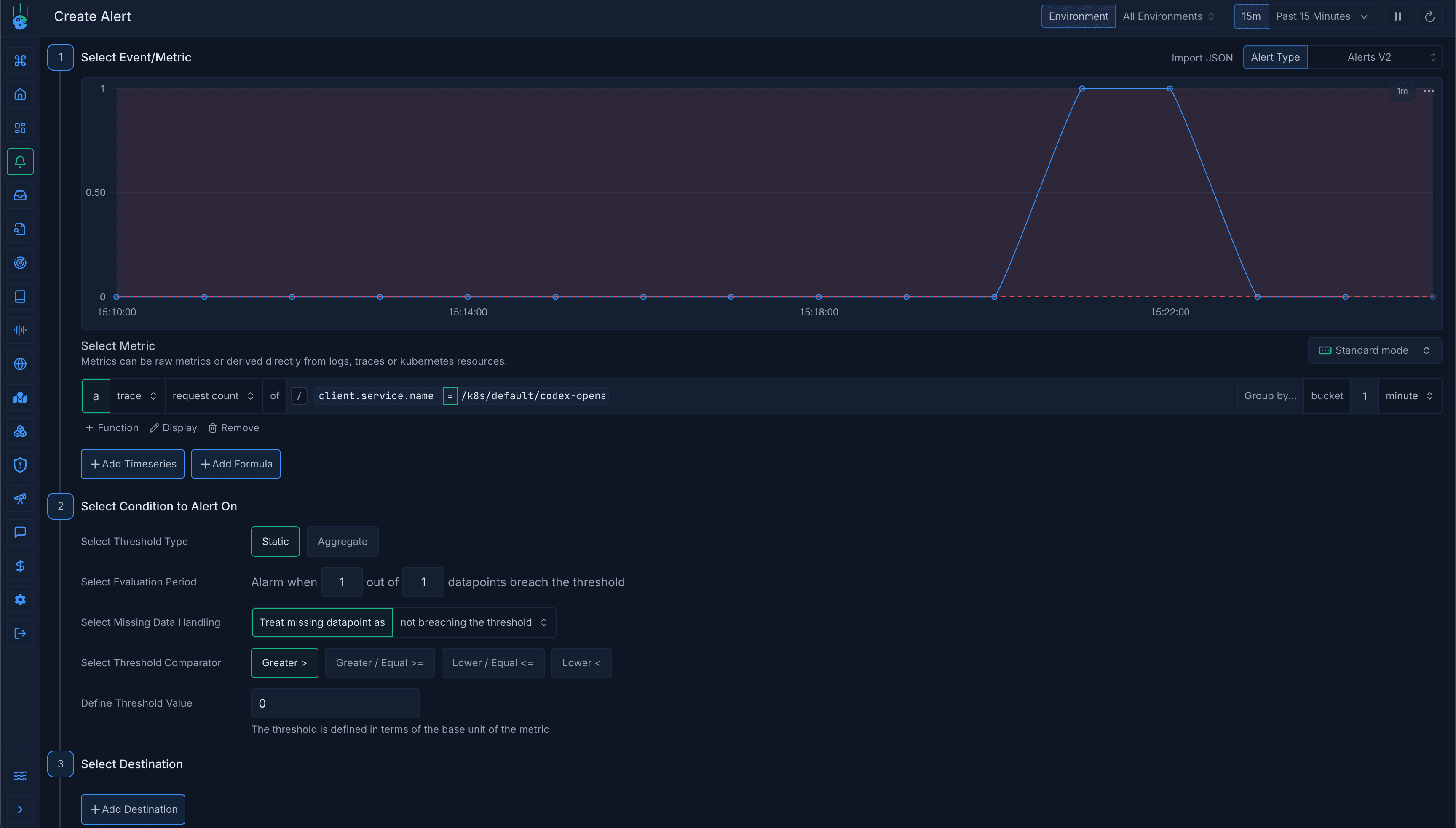 Metoro Create Alert page showing an alert configuration for Codex request count