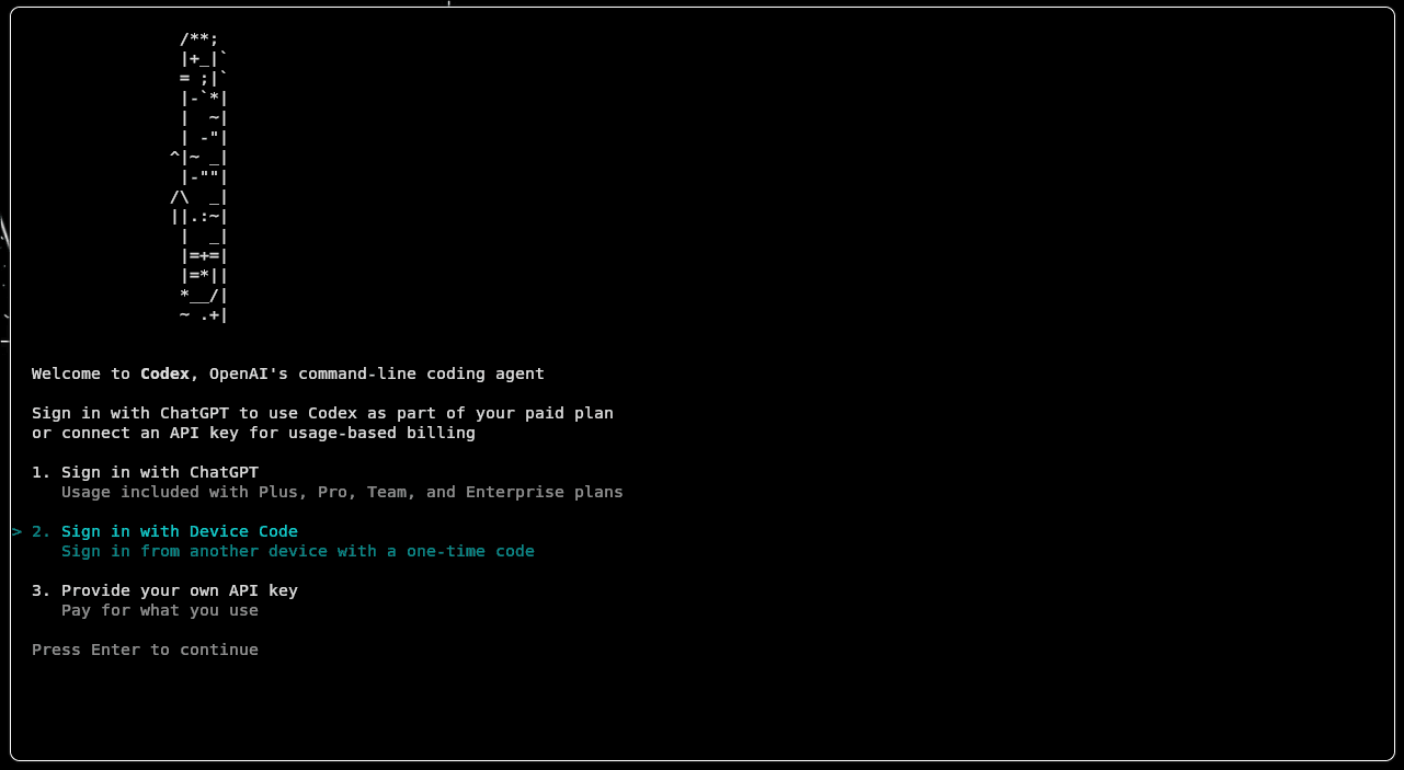 Codex CLI showing Device Code sign-in option