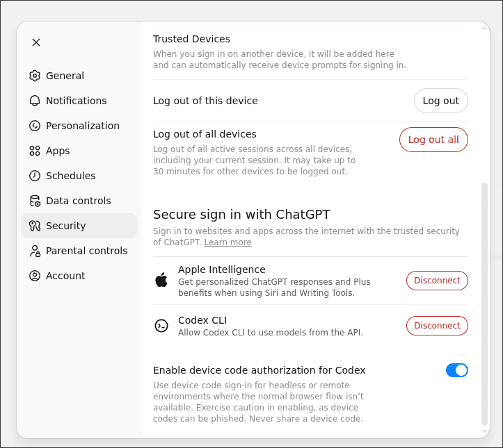 ChatGPT Security Settings showing the Device Code Authorization toggle