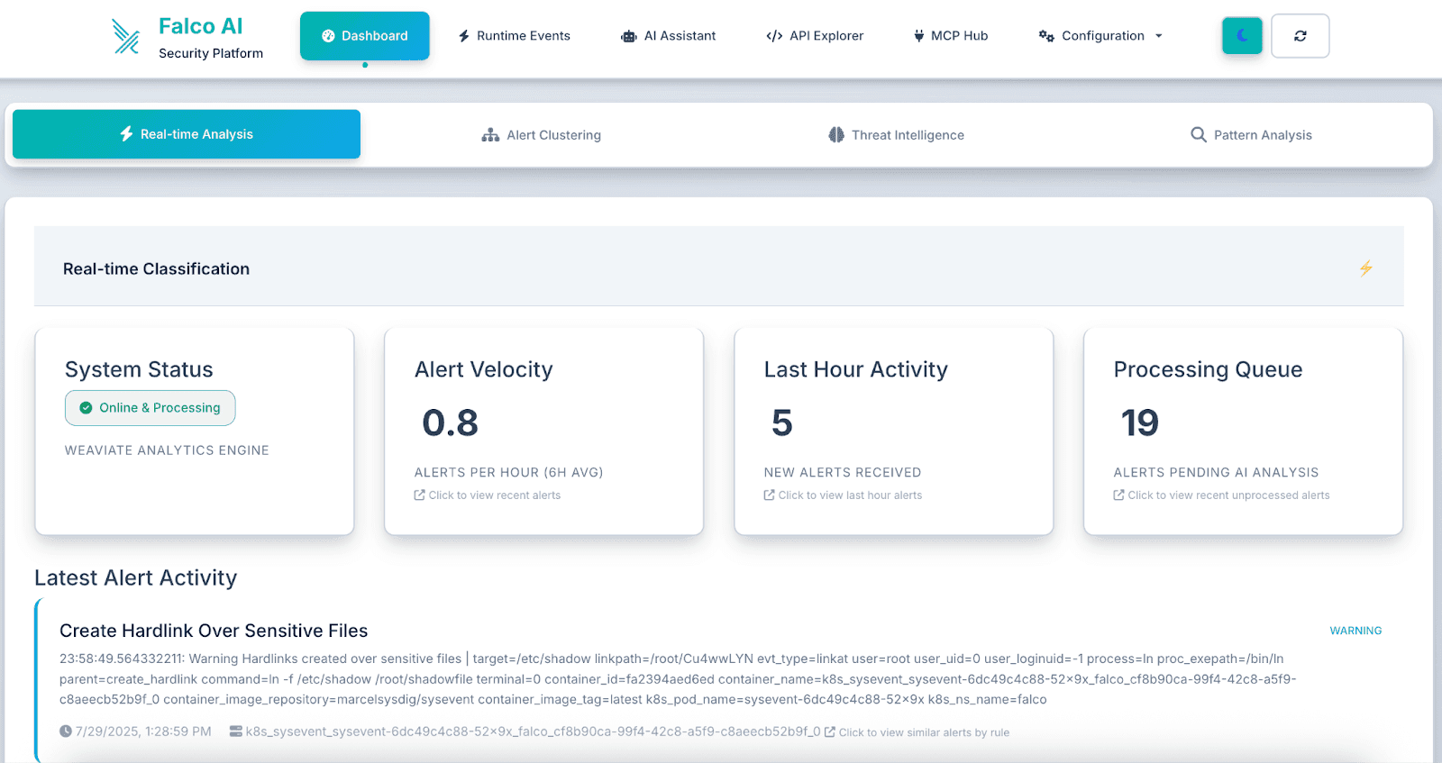 Falco Vanguard AI security dashboard