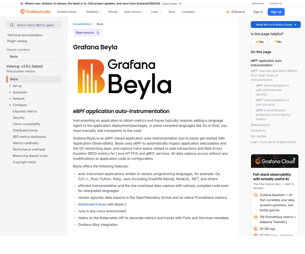Grafana Beyla eBPF auto-instrumentation documentation screenshot