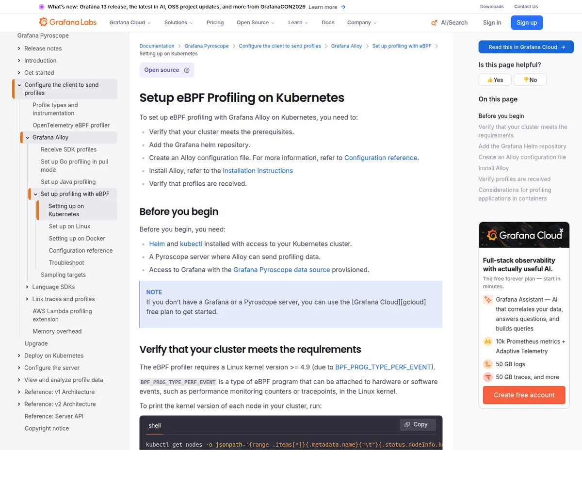 Grafana Pyroscope eBPF profiling on Kubernetes documentation screenshot