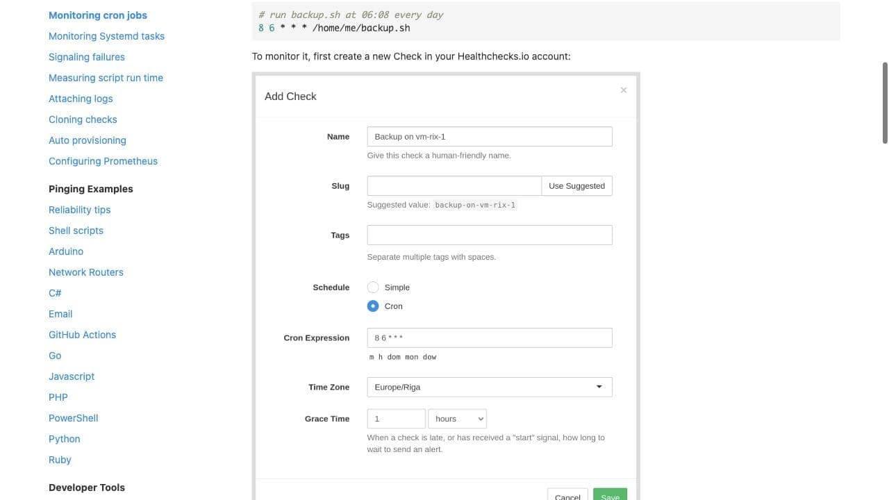 Healthchecks.io Add Check dialog with cron schedule, time zone, and grace time settings