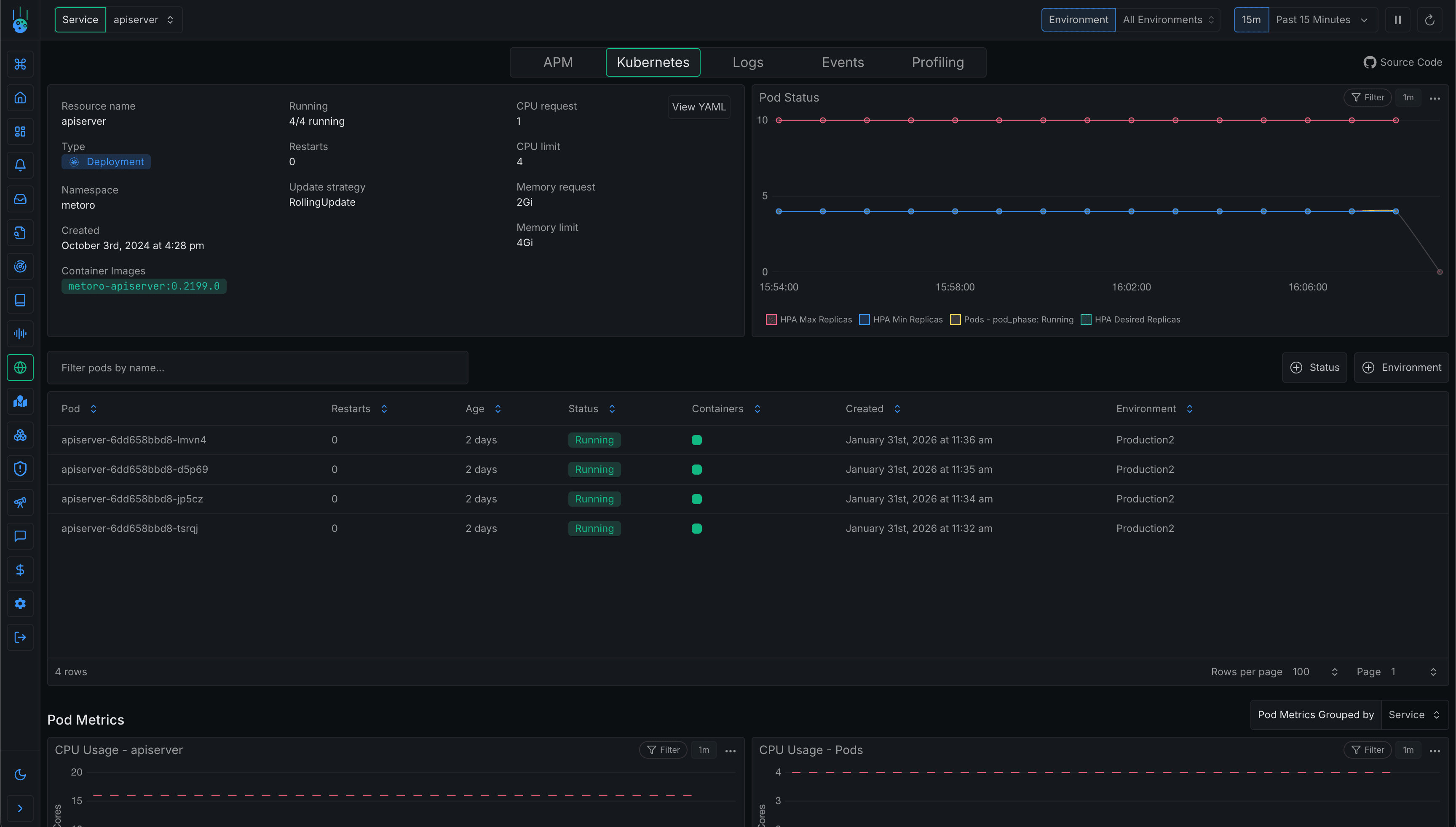Metoro dashboard showing Kubernetes service map with correlated metrics, traces, and logs for a microservices application