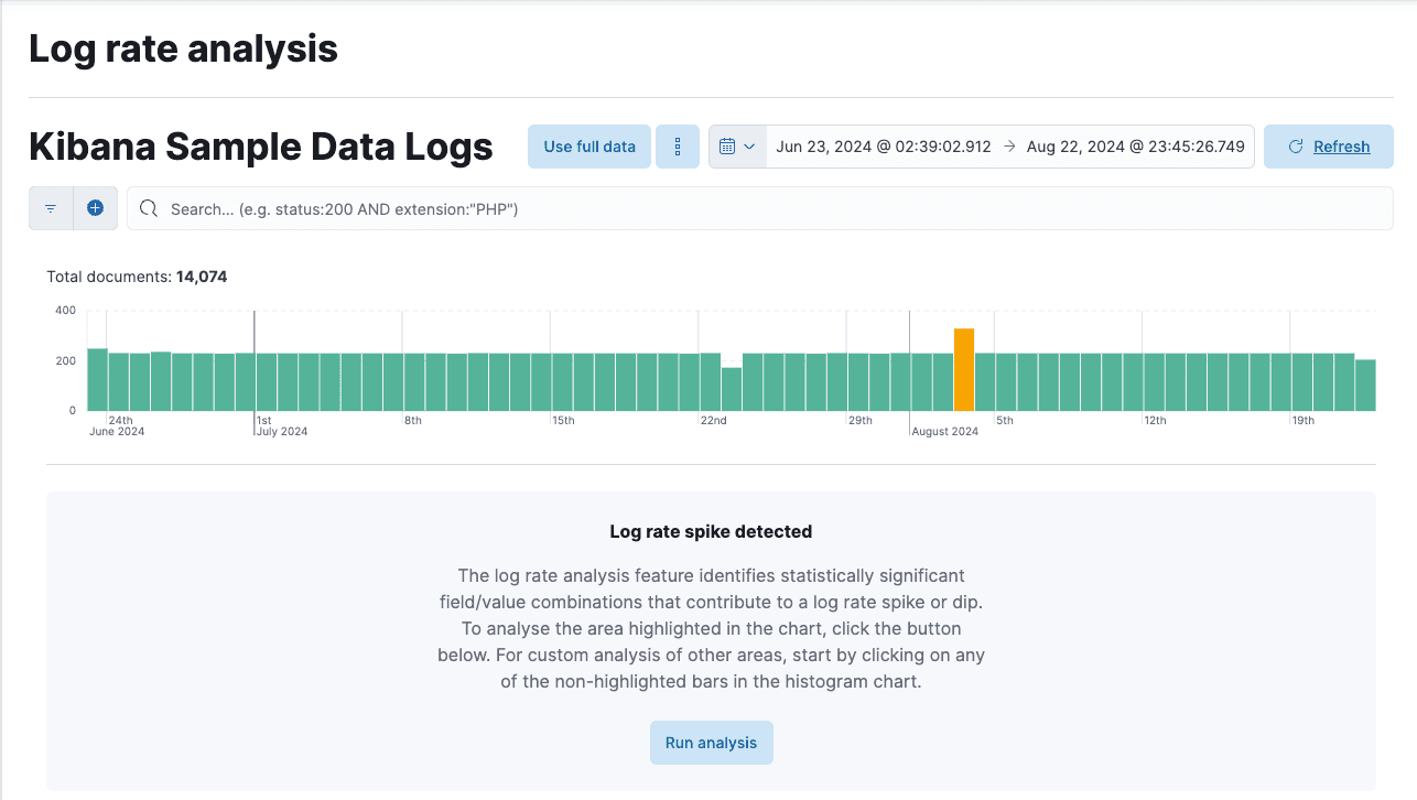 Elastic AIOps Labs log rate analysis identifying the field values driving a log spike