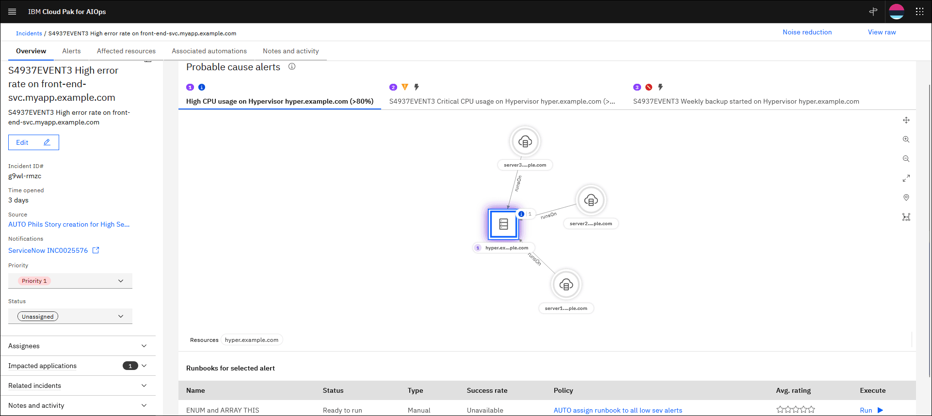 IBM Cloud Pak for AIOps incident overview with probable cause alerts, topology, and runbooks
