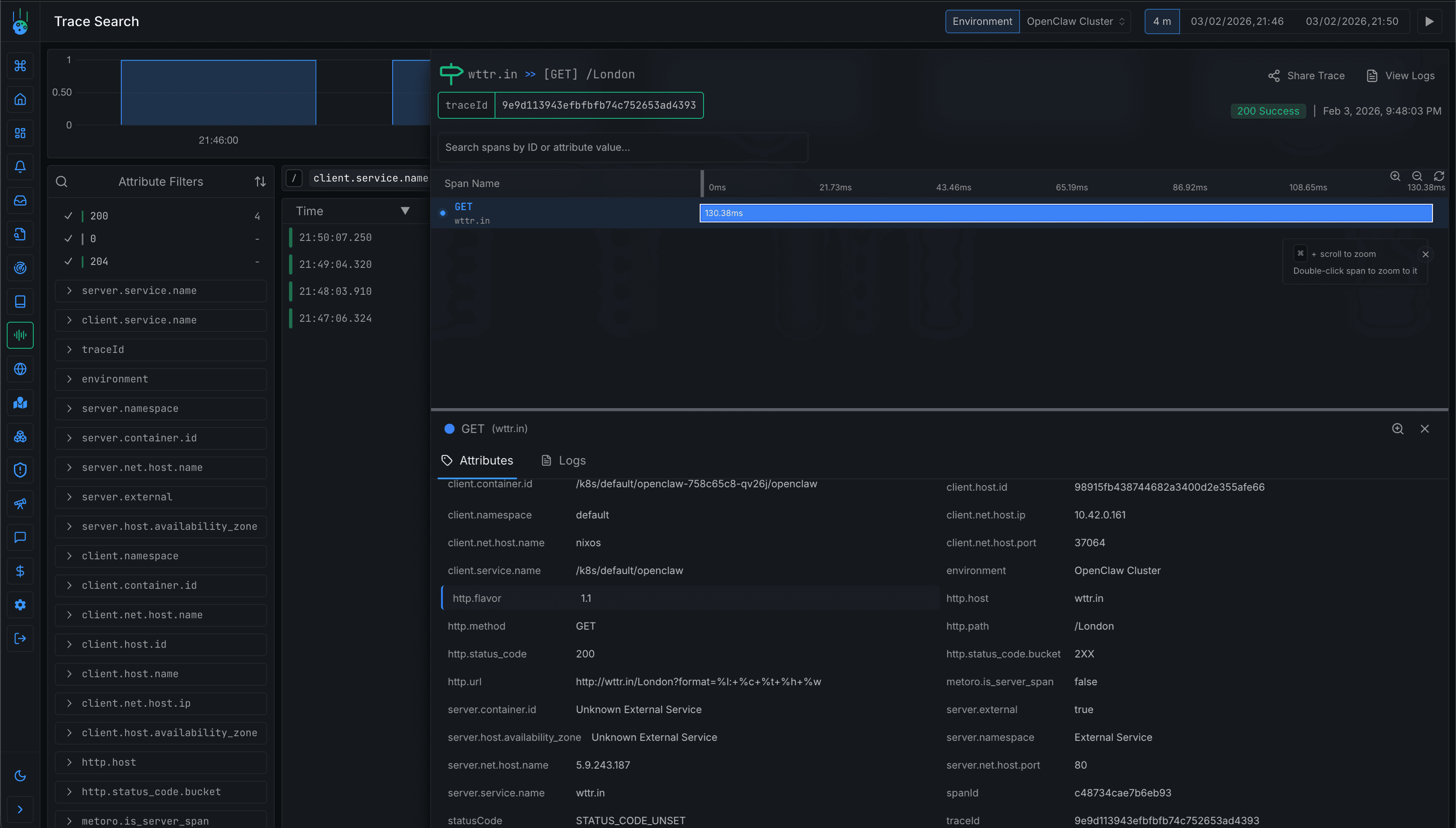 Metoro trace detail view showing span attributes for an OpenClaw request to wttr.in including container ID, namespace, and HTTP details