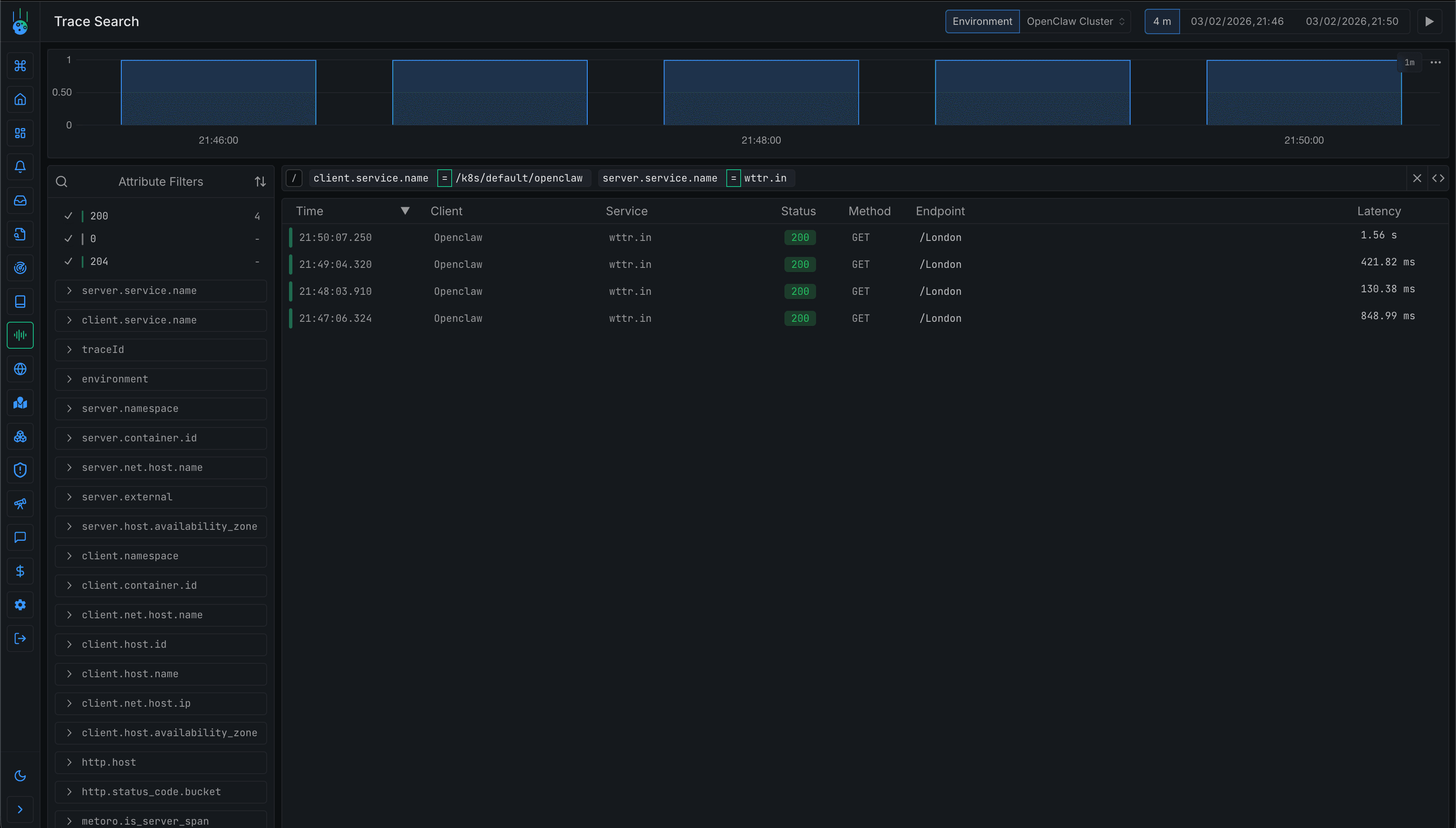 Metoro trace search showing OpenClaw requests to wttr.in with timestamps, status codes, and latencies