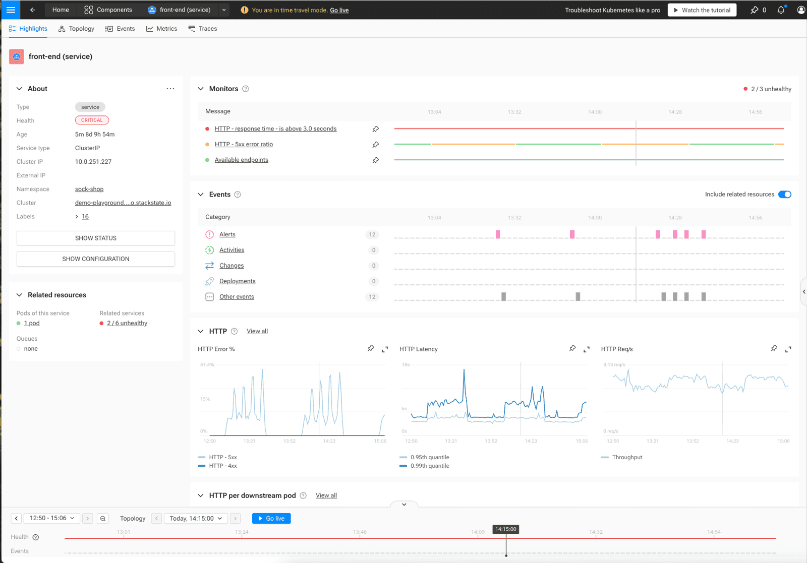 SUSE Observability (StackState) service view with health states, monitors, events, and time-travel