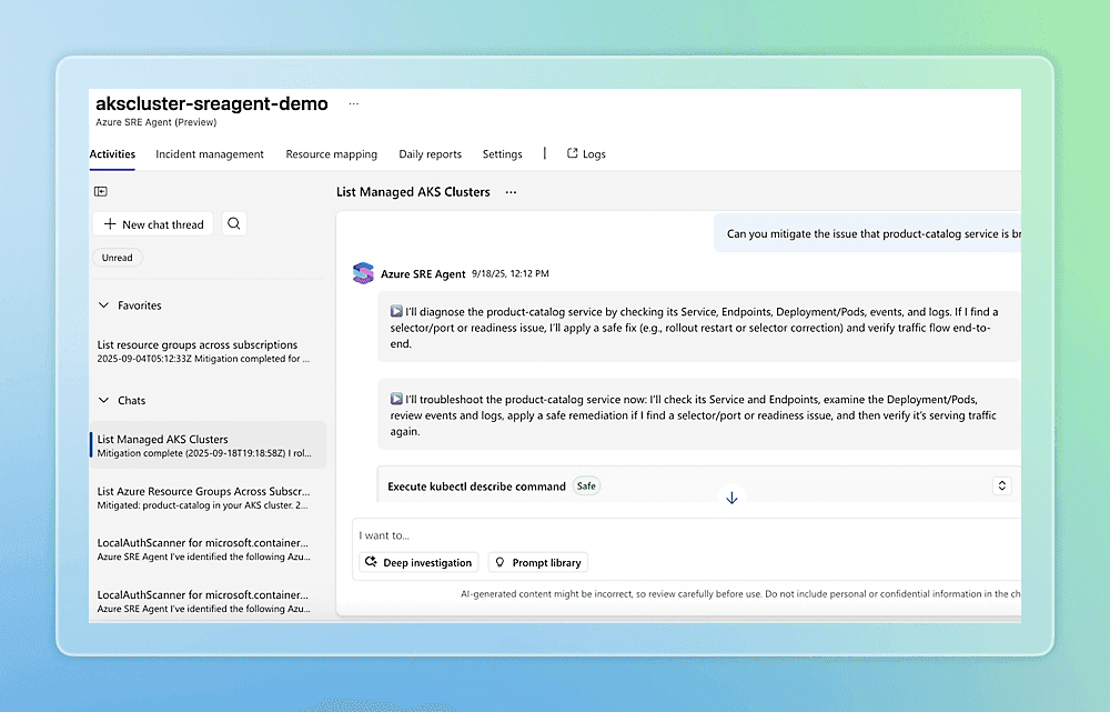 Azure SRE Agent interface showing an AKS investigation and mitigation workflow