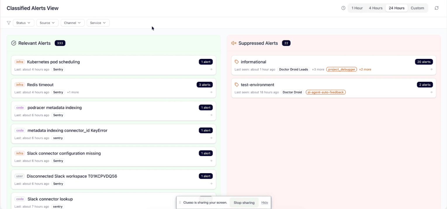 DrDroid alert classification and grouping interface