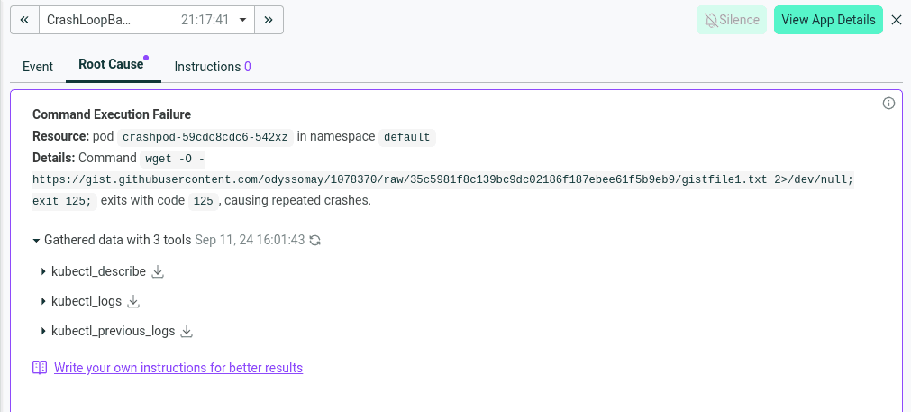 HolmesGPT root cause analysis shown inside the Robusta UI