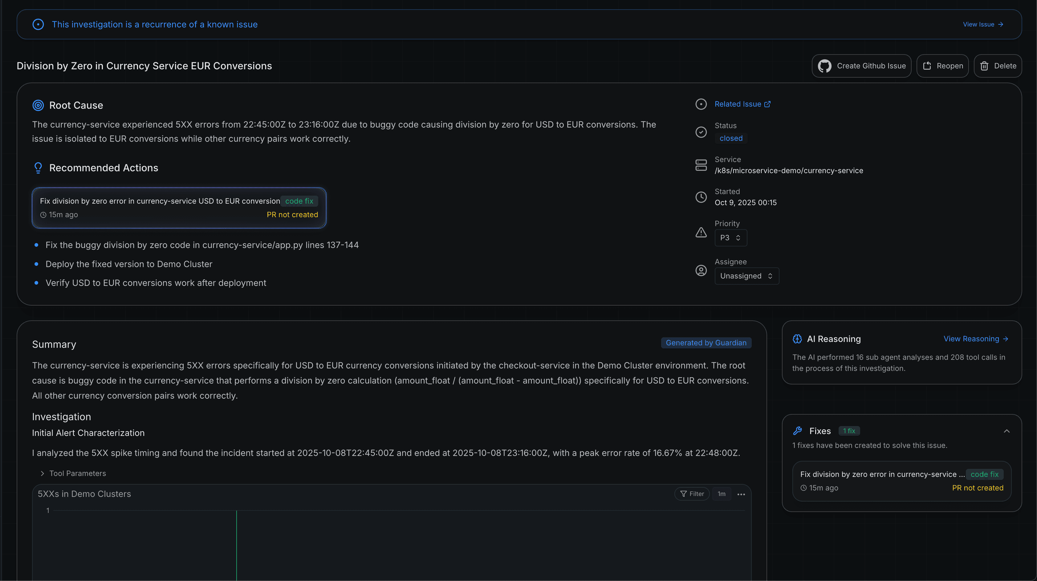 Metoro AI SRE investigation showing root cause, recommended actions, and a generated fix PR
