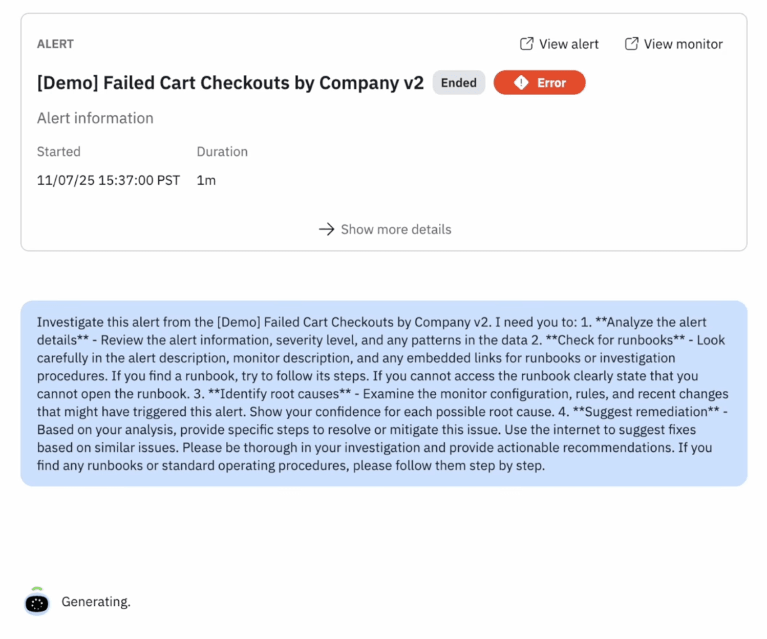 Observe AI demo - investigate alert prompt