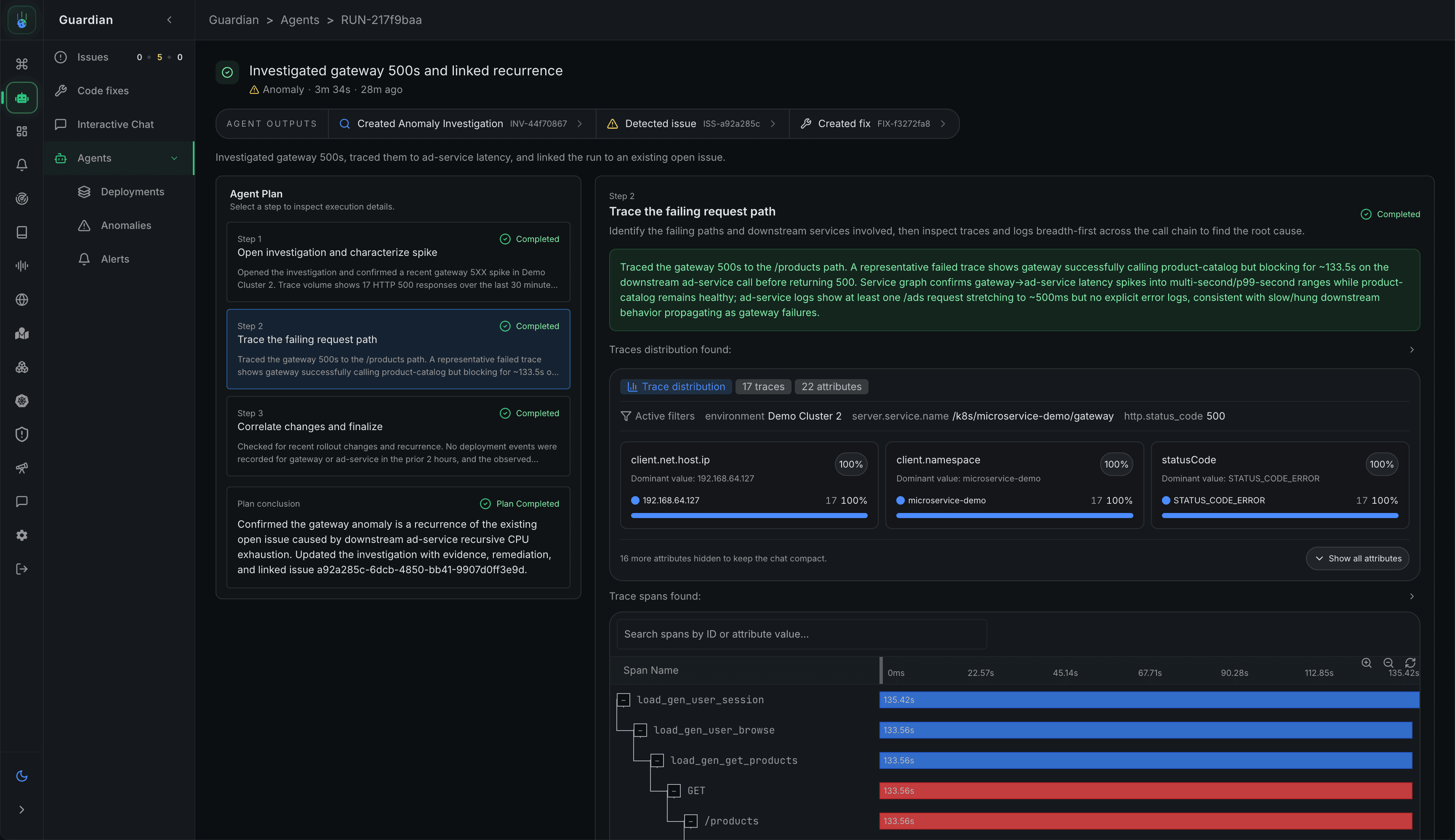 Metoro Guardian agent tracing gateway 500s through downstream services during an autonomous investigation