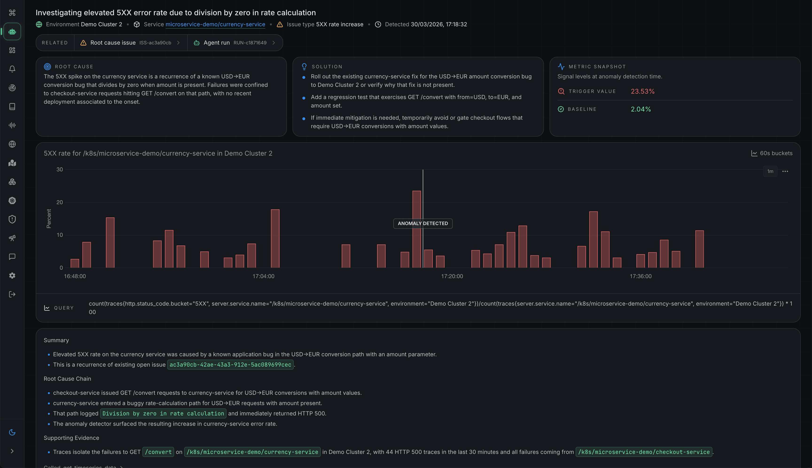 Metoro issue root cause screenshot