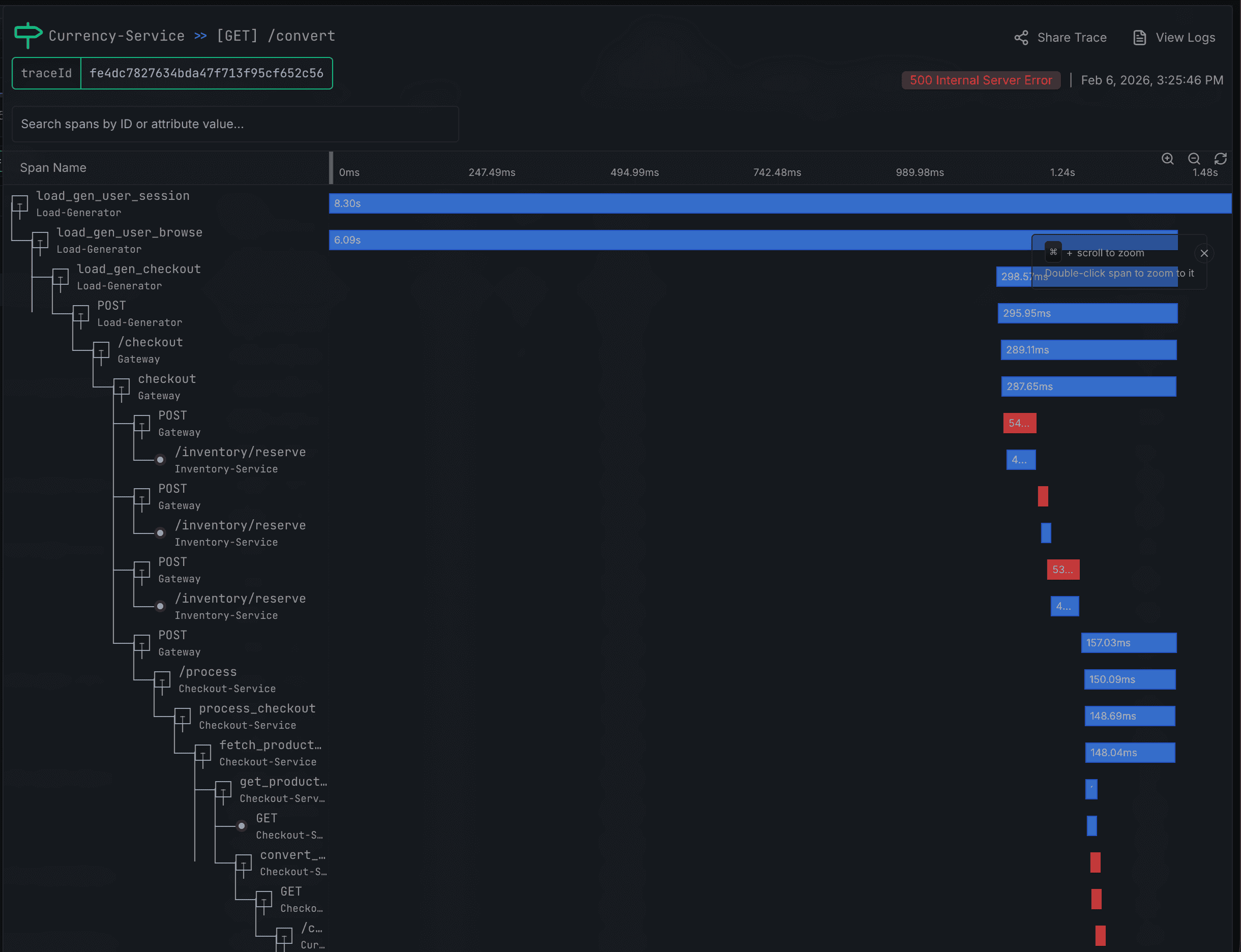 Distributed trace timeline with span waterfall and error-highlighted requests
