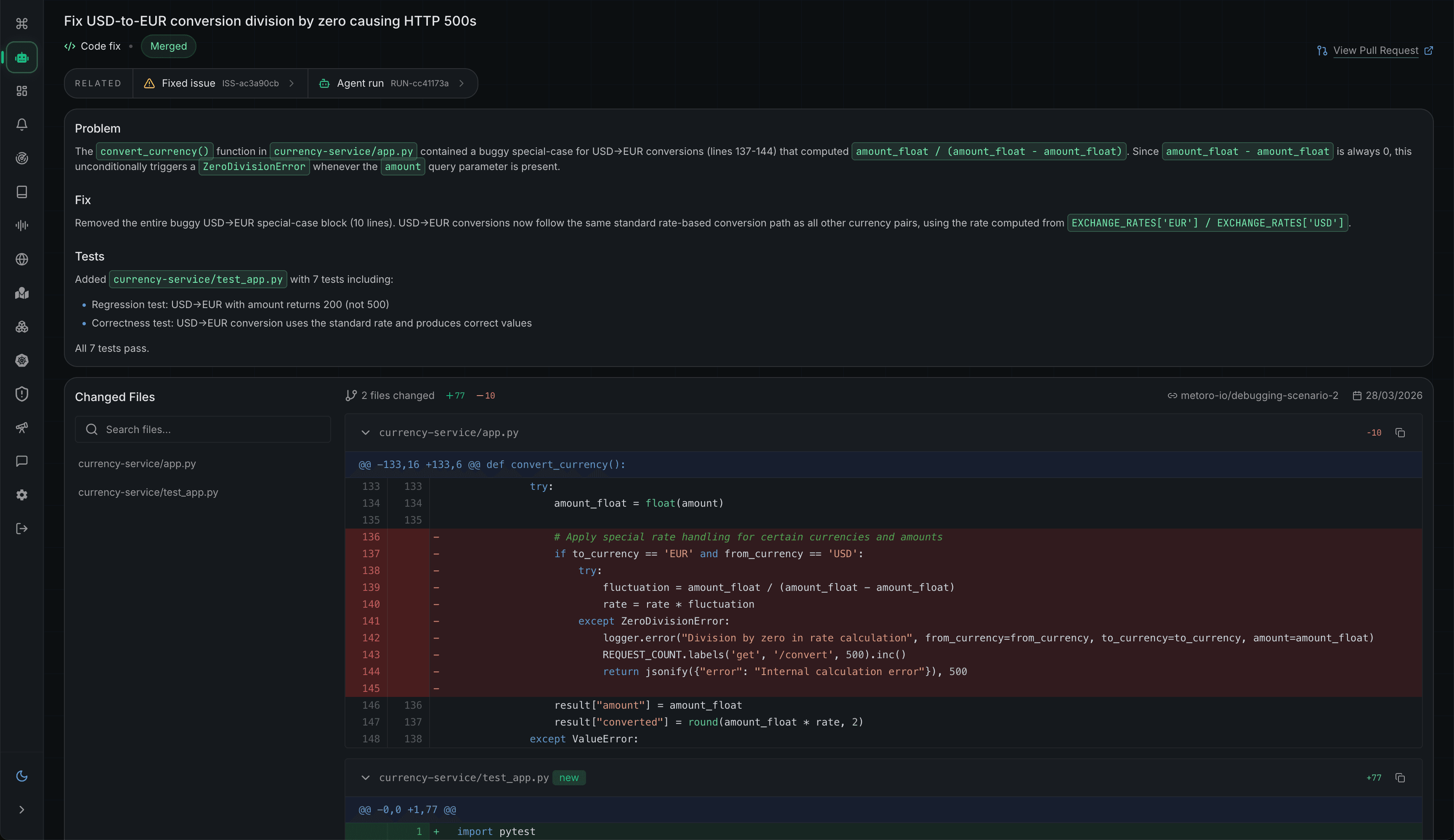 Metoro AI-driven code fix screenshot