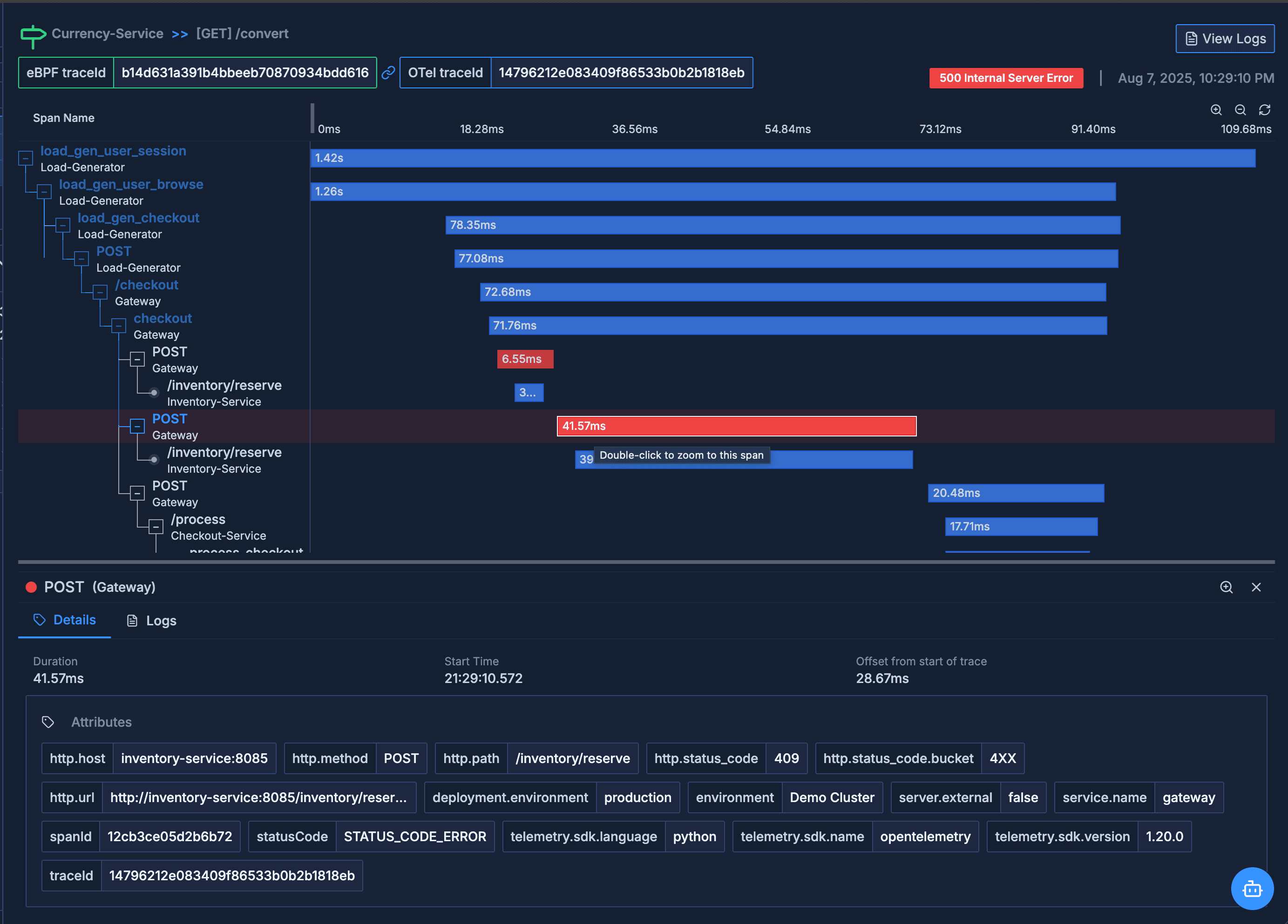 Distributed Tracing showing request flow and spans