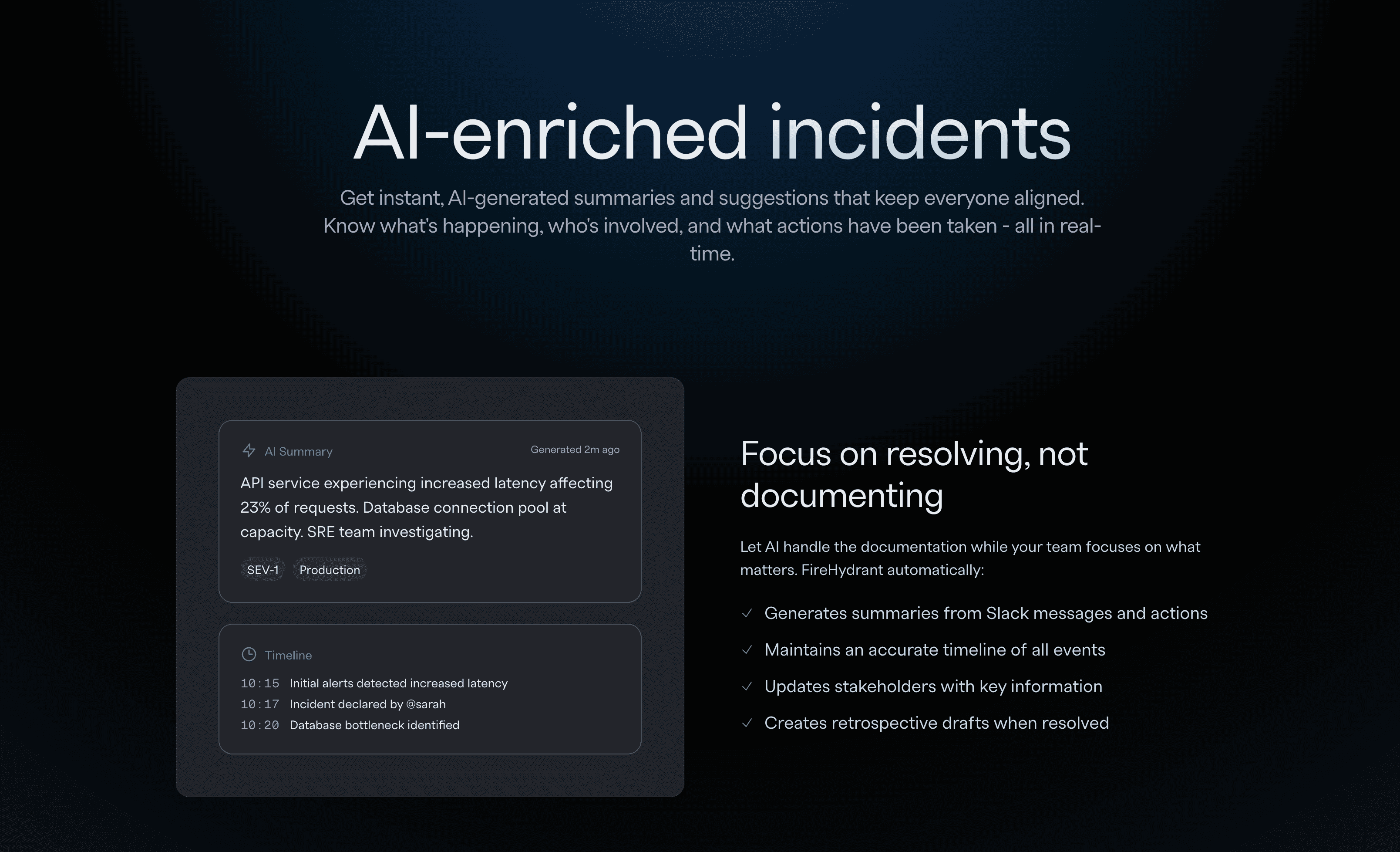 FireHydrant AI incident management page showing AI-generated summaries and retrospective workflow