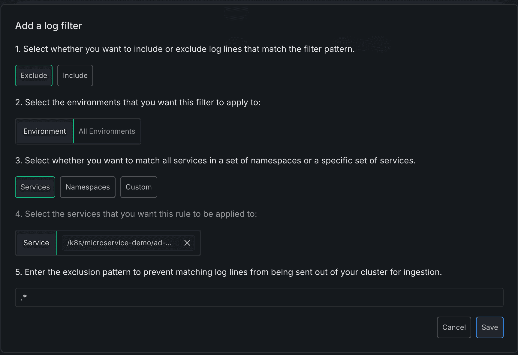 Fine-Grained Log Ingestion Controls with pattern-based filtering