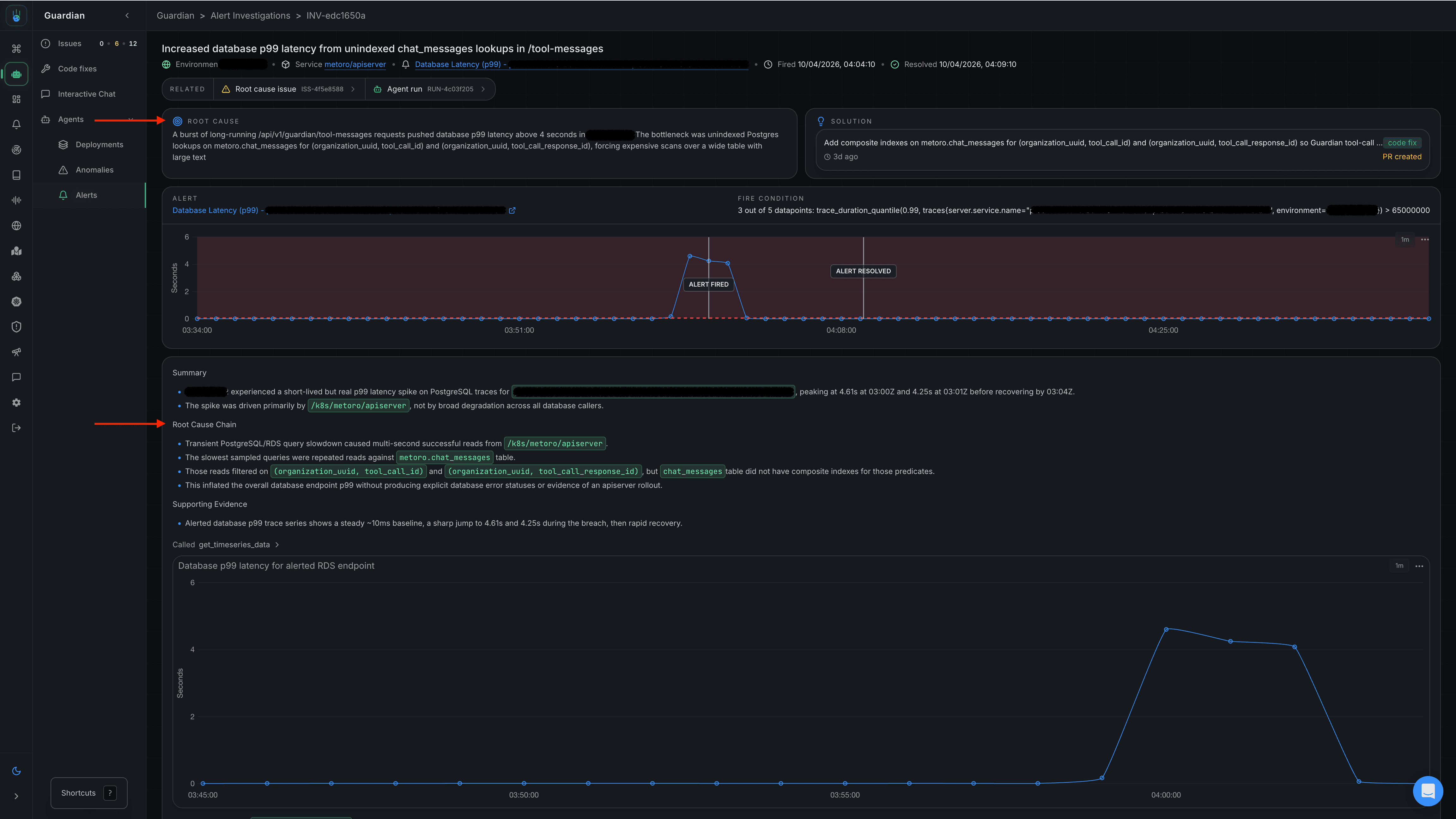 Metoro Guardian showing an alert investigation with root cause, evidence, and a proposed fix for an RDS latency issue