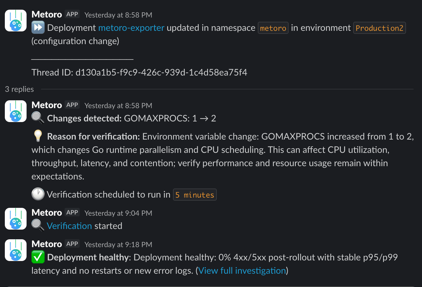 Slack deployment verification showing deployment detected, changes analyzed, and healthy verdict
