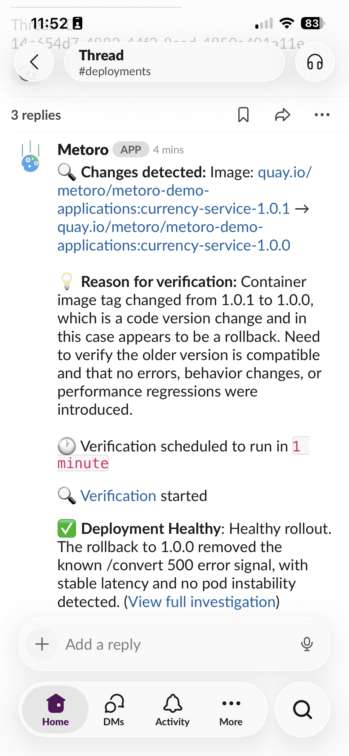 Metoro AI deployment verification Slack screenshot