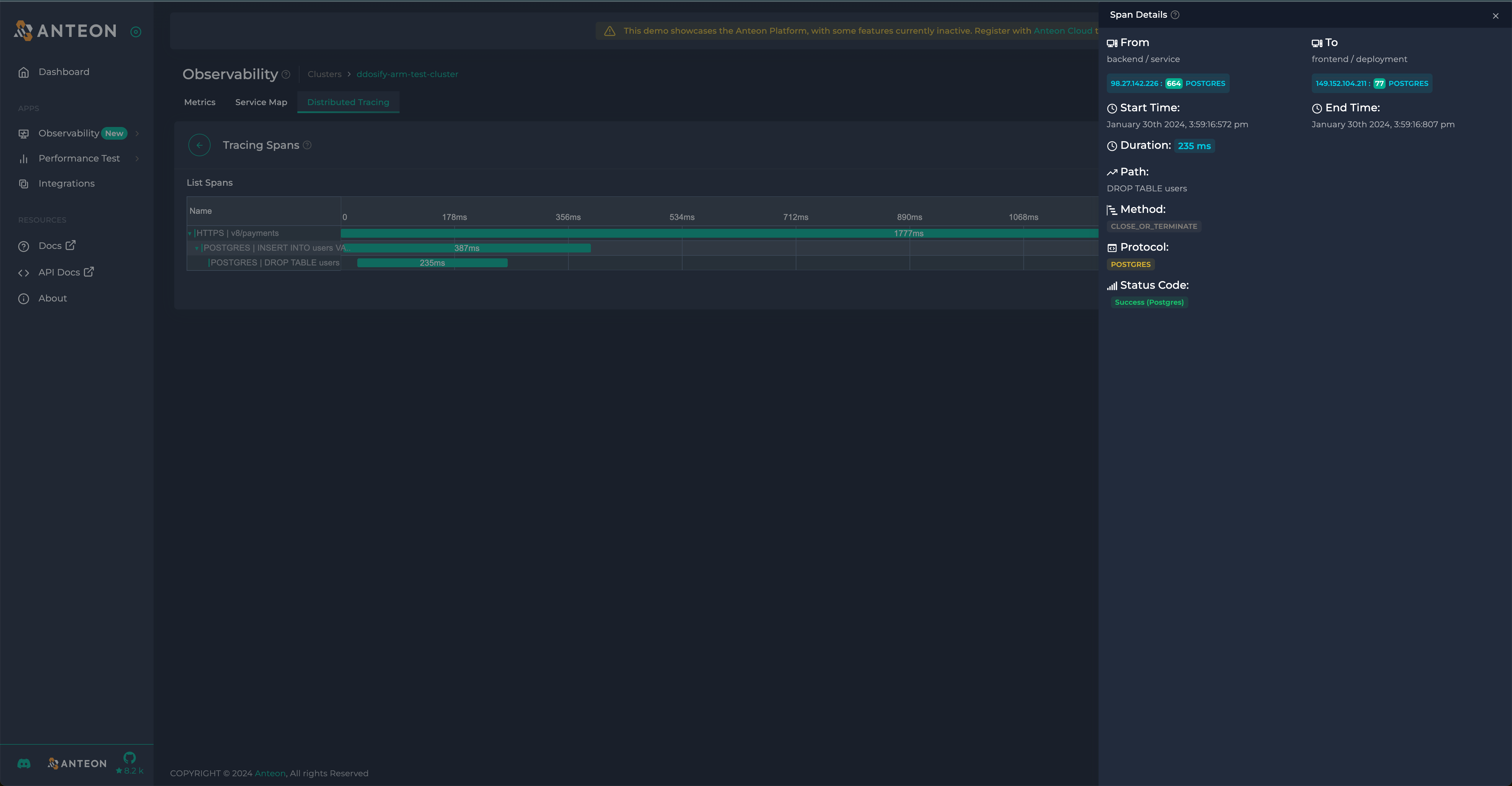 Anteon UI showing the traces for a service
